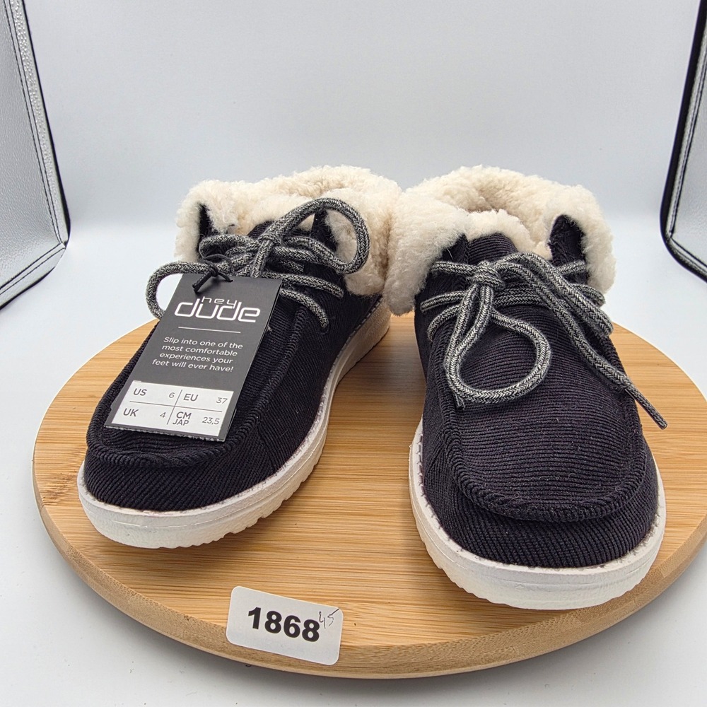 Hey Dude Wendy Fold Corduroy Faux Shearling Lined Shoes Womens 6 Black Navy 1868